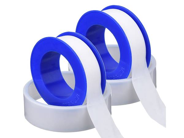 Two rolls of white PTFE sealing tapes straps around the blue shafts on the white bases on a white background.