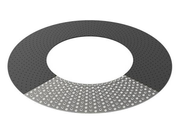 A piece of reinforced graphite gasket with stainless steel tanged reinforced layer.