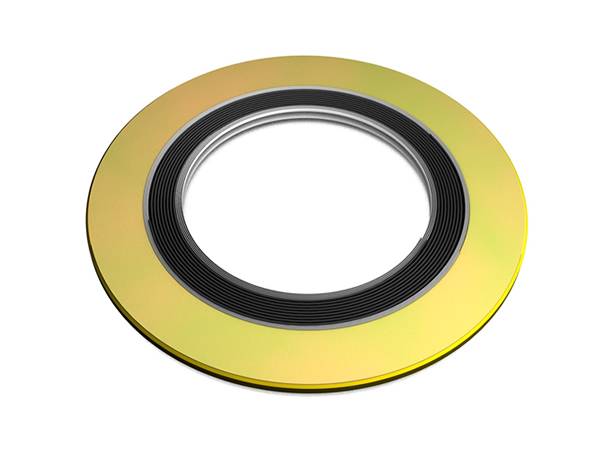 A spiral wound gasket with yellow outer ring on a white background.