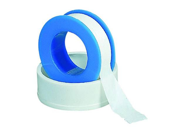 The white PTFE sealing tape straps around the blue shaft on the white base on a white background.